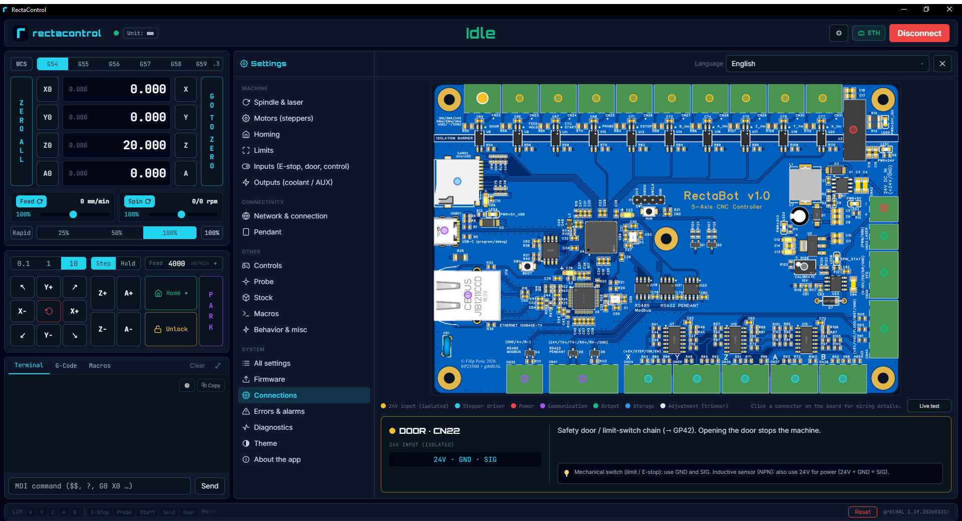 RectaControl showing the Connections screen: a diagram of the RectaBot board with a connector selected and its wiring explained, DRO and jog controls on the left
